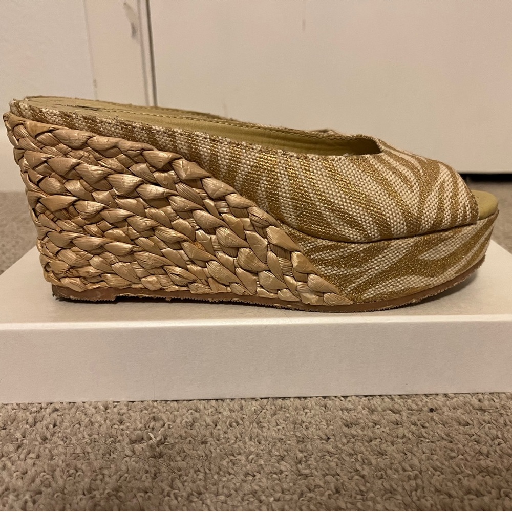 CL by Laundry Gold Animal Print Woven Wedges